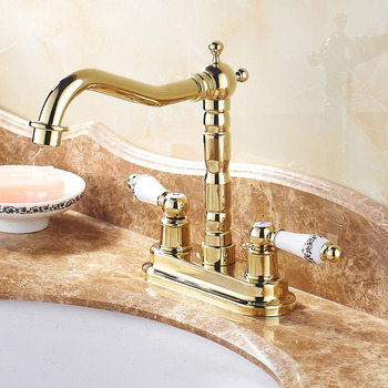 Centerset Bathroom Faucet Two Handles Polished Brass Ceramic