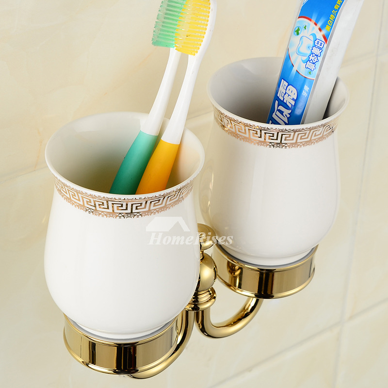 Good Quality Ceramic Double Brass Toothbrush Holder