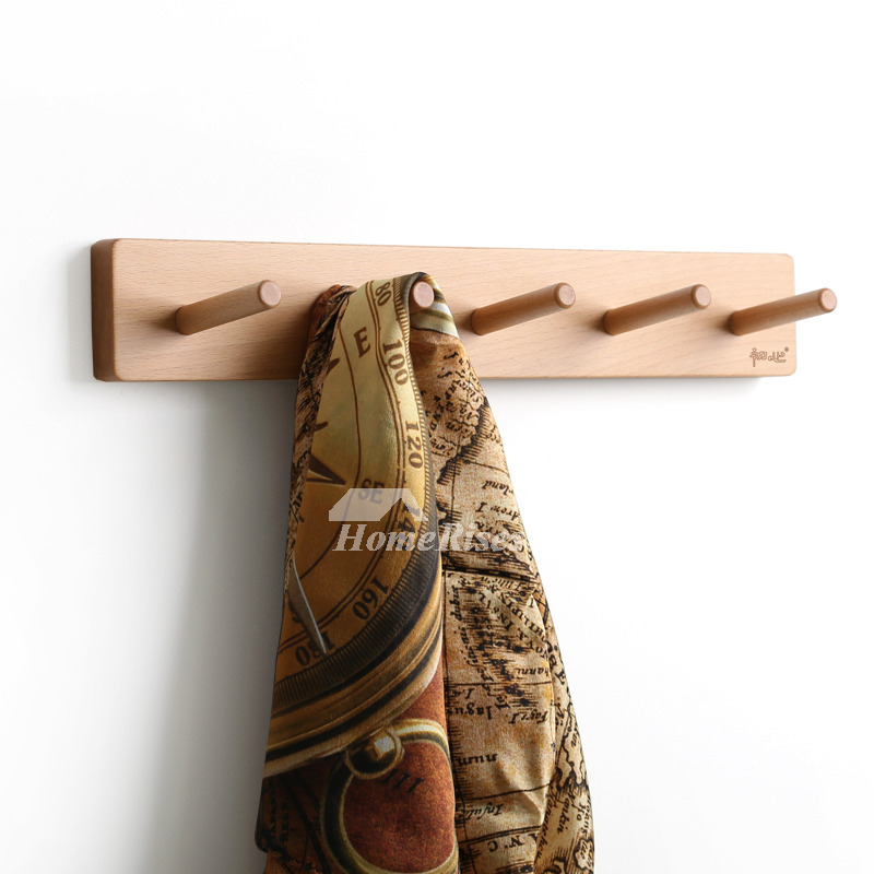 Wooden Robe Hooks Wall Mount For Bathroom Natural