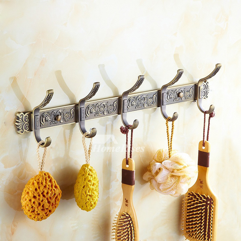 Antique Brass Carved Bathroom Wall Hooks Towels Zinc Alloy