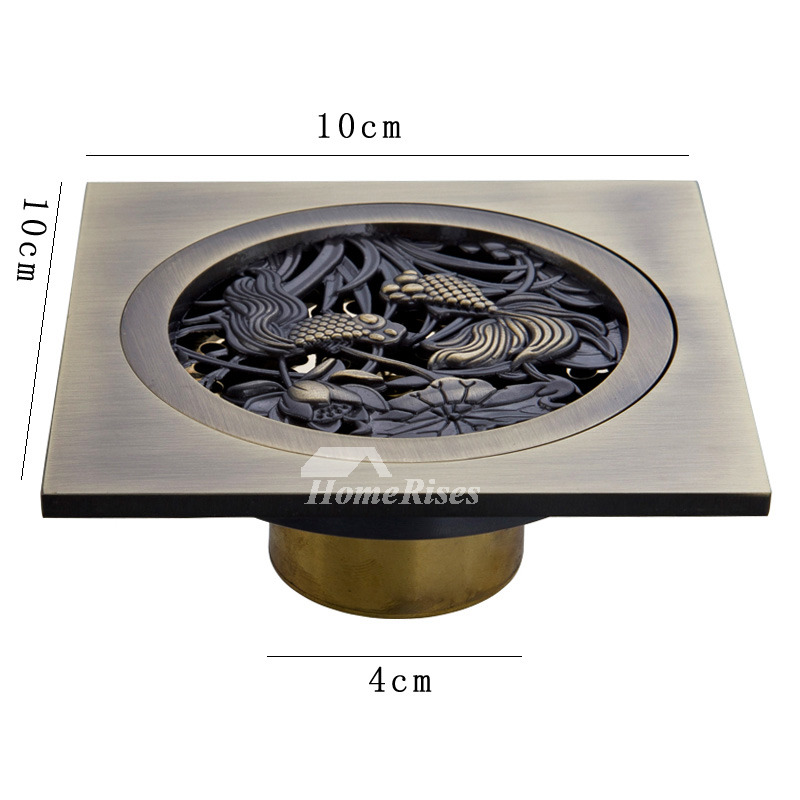 Carved Square Shaped Antique Bronze Shower Drain Bathroom Brass
