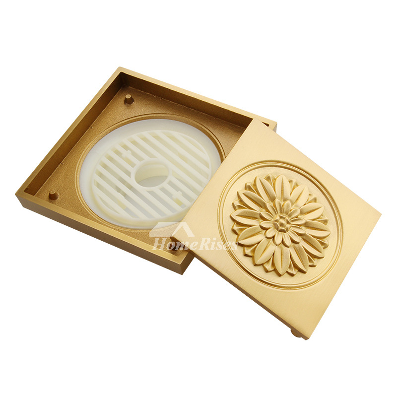 Square Shower Drain Cover Gold Brushed Brass Bathroom Carved