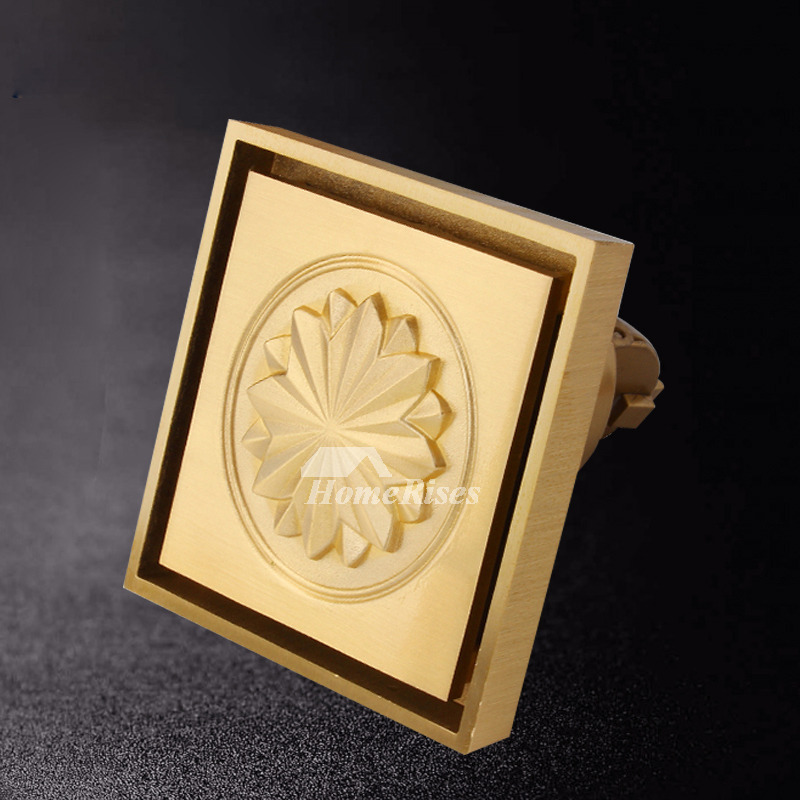 Square Shower Drain Cover Gold Brushed Brass Bathroom Carved