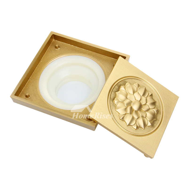 Square Shower Drain Cover Gold Brushed Brass Bathroom Carved
