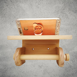 Natural Wall Mount/No Drill Wooden Toilet Paper Holders With Shelf