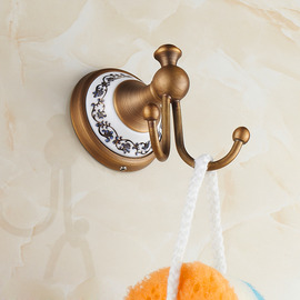 Ceramic Robe Hook Wall Mount Antique Brass Double