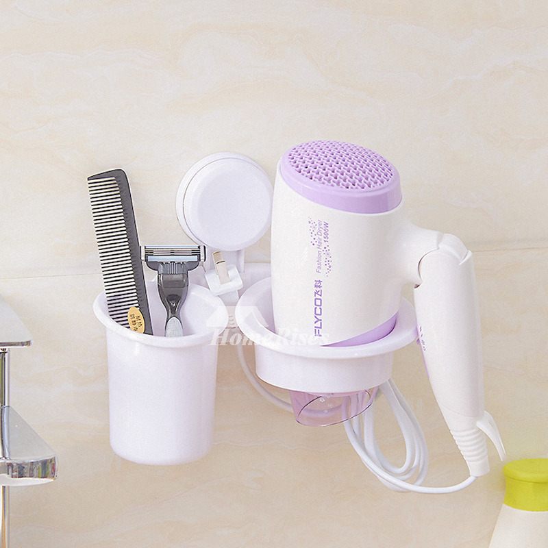 Suction Cup Hair Dryer Holder White Plastic Bathroom