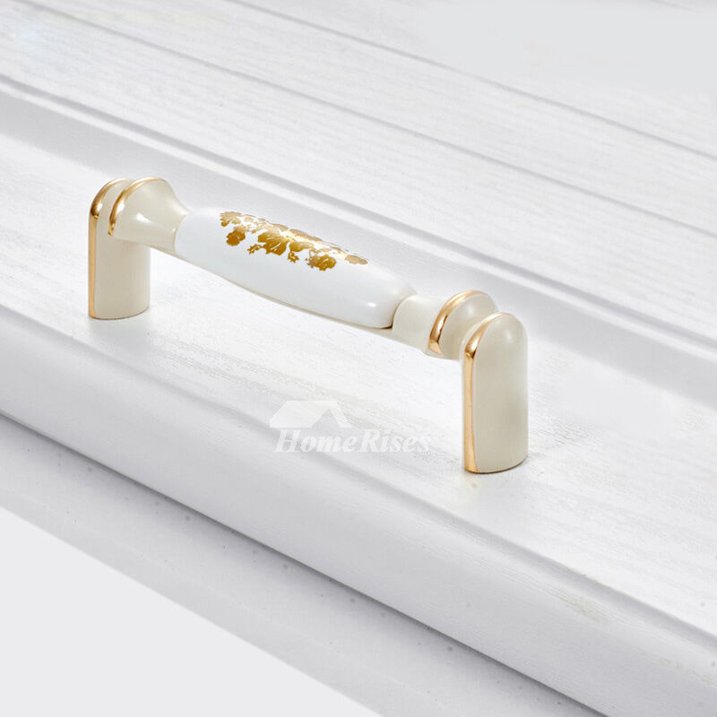 Porcelain Knobs Zinc Alloy Carved White Painting