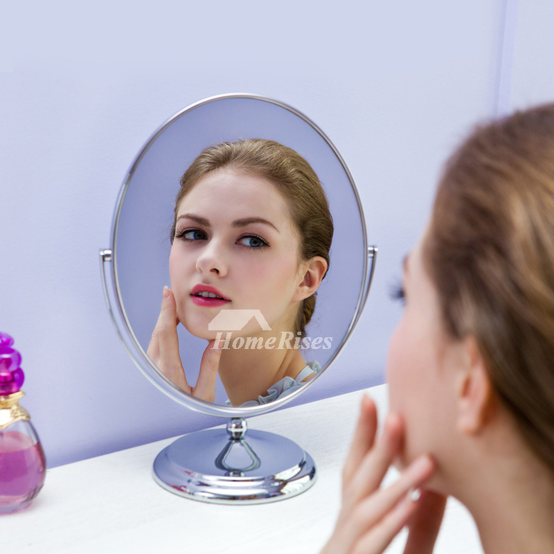 Standing Makeup Mirror Oval Double Sided Silver Metal Anti-Skid Standing Makeup Mirror Oval Double Sided Silver Metal Anti-Skid