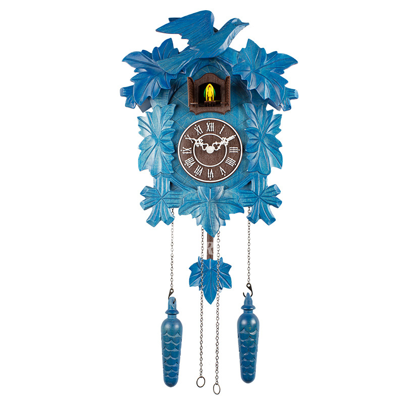 Pink Blue Wall Clock Carved Cuckoo Chiming Wood Vintage Decorative
