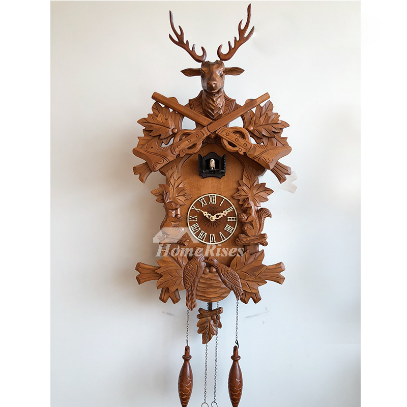 Antique Wall Clocks Antler Wood Carved Cuckoo Telling Time Rustic