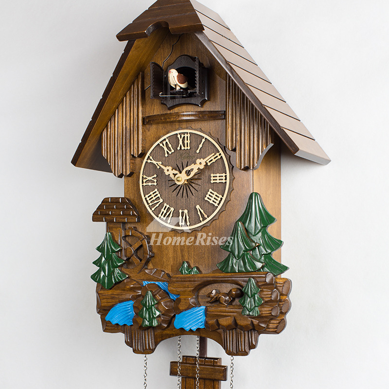 Silent Wall Clock Cuckoo Telling Time Carved Painting Wood Decorative