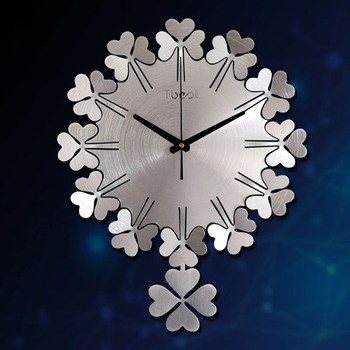 Metal Wall Clock Hanging Pendulum Clover Silent 15 Inch Living Room