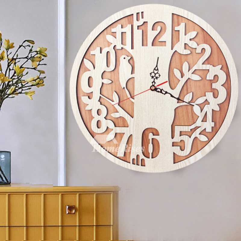Silent Wall Clock Hanging Decorative Wooden Natural Rustic Bedroom