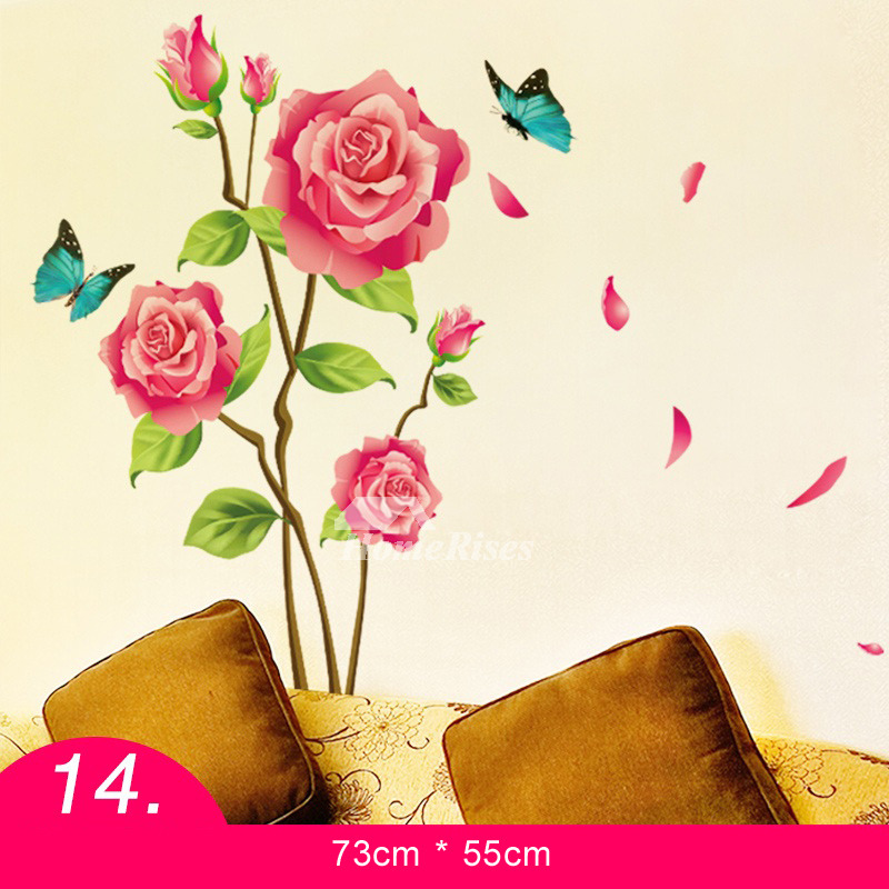 Bedroom Wall Decor Stickers Flower Pink Home Decor PVC Self Adhesive