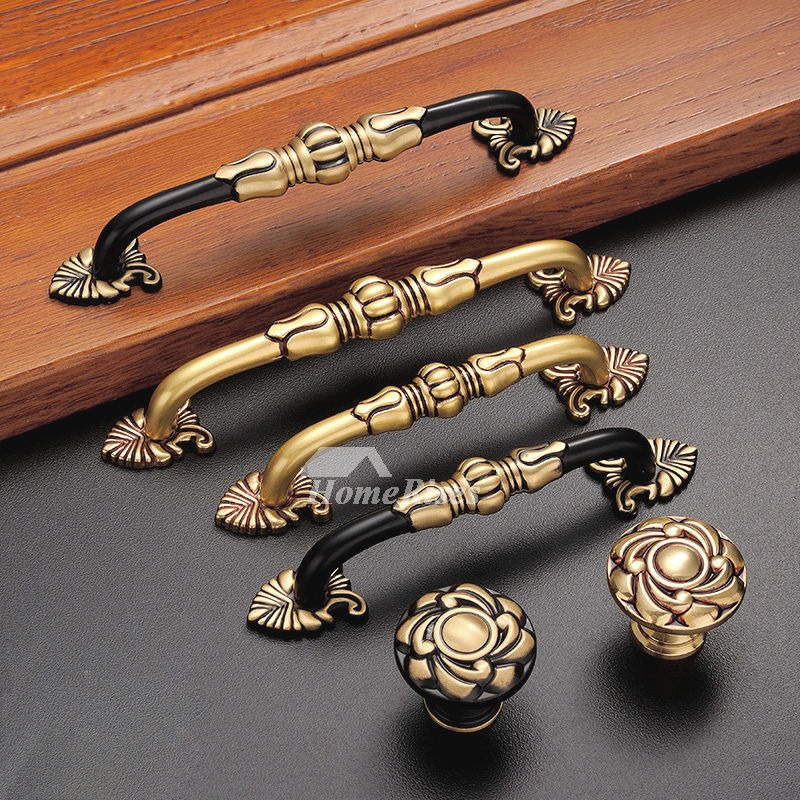 Luxury Black Gold Brass Cabinet Knobs, Unique Carved Decorative