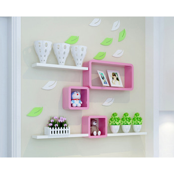 Wall Storage Shelves Pink Cube Wooden Kitchen Modern Bedroom