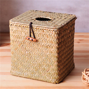 Square Tissue Box Cover Rattan Column Rustic Mini Decorative Modern