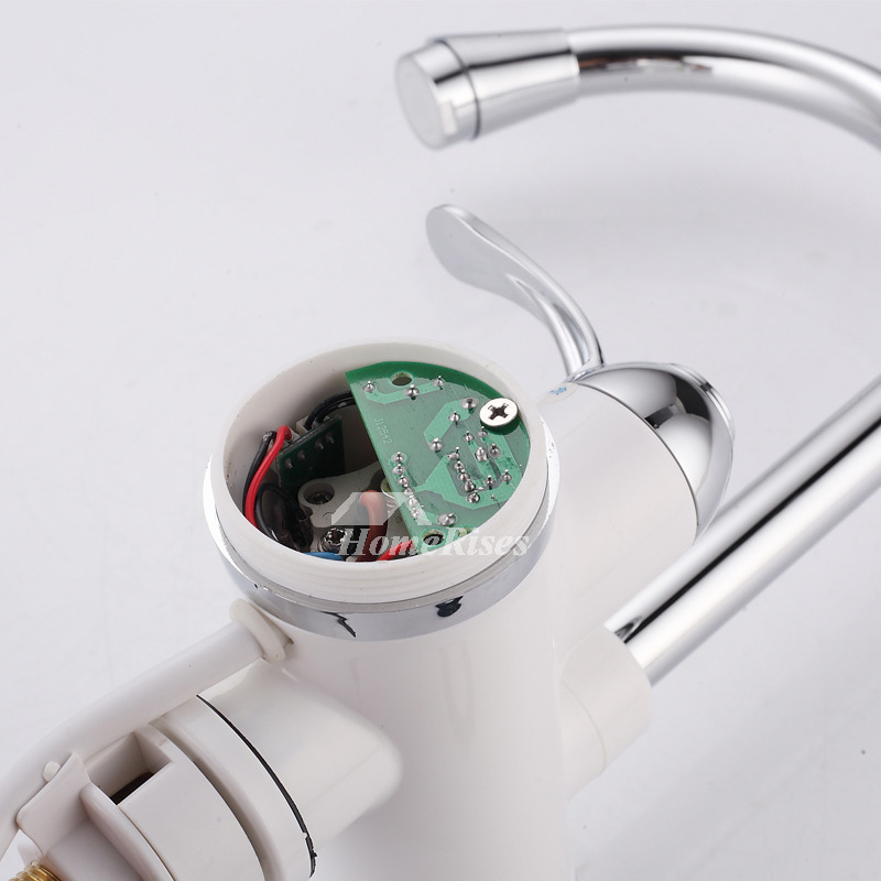 Gooseneck Kitchen Faucet Plug In Rotatable White Chrome Brass