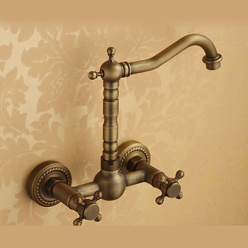 2 Hole Kitchen Faucet Antique Brass Wall Mount Antique Brass Cross Handle