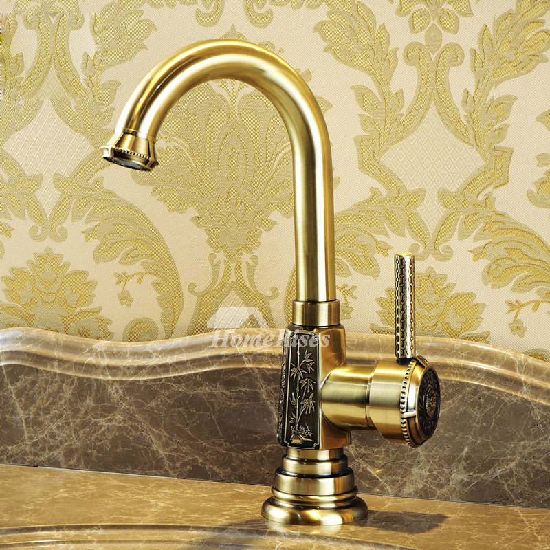 Vintage Bathroom Faucets Carved Single Handle Gooseneck Antique Brass Gold