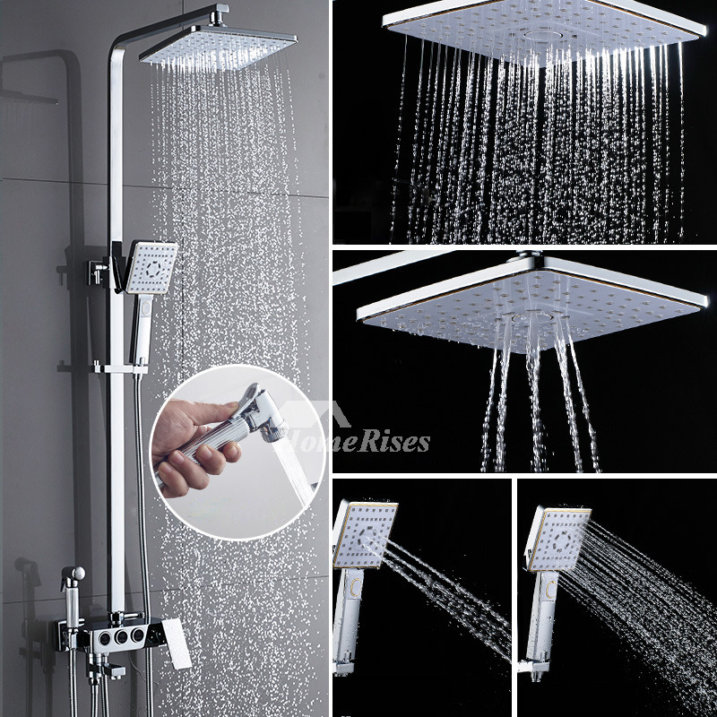 Exposed Shower System Wall Mount Silver Brass Square Sidespray