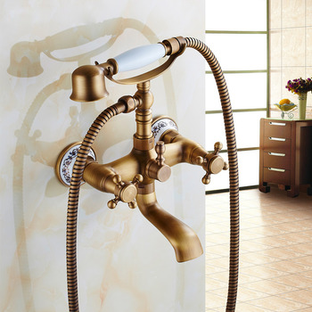 Clawfoot Tub Faucet 2 Hole Wall Mount Antique Brass Two Handles