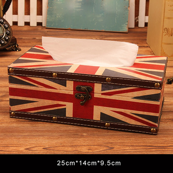 Decorative Tissue Box Wooden Leather Rectangular Union Flag For Car