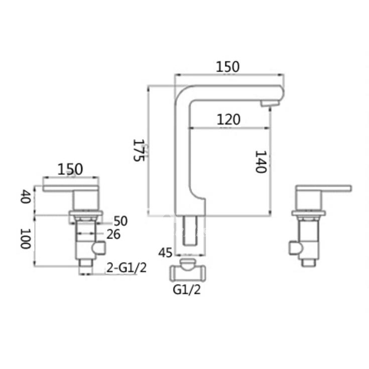 Square Bathroom Faucet 3 Hole Silver Brass Widespread Chrome