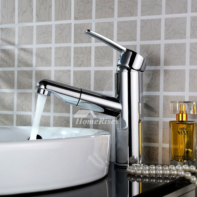 Pull Out Bathroom Faucet Silver Single Handle 1 Hole Brass Chrome