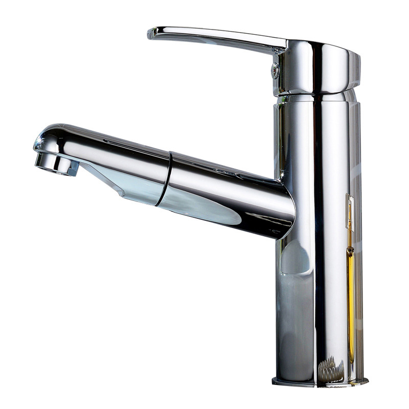 Pull Out Bathroom Faucet Silver Single Handle 1 Hole Brass Chrome