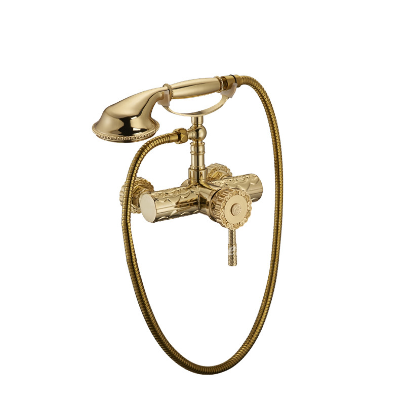 Gold Shower System Wall Mount Polished Brass Simple Carved Bathtub