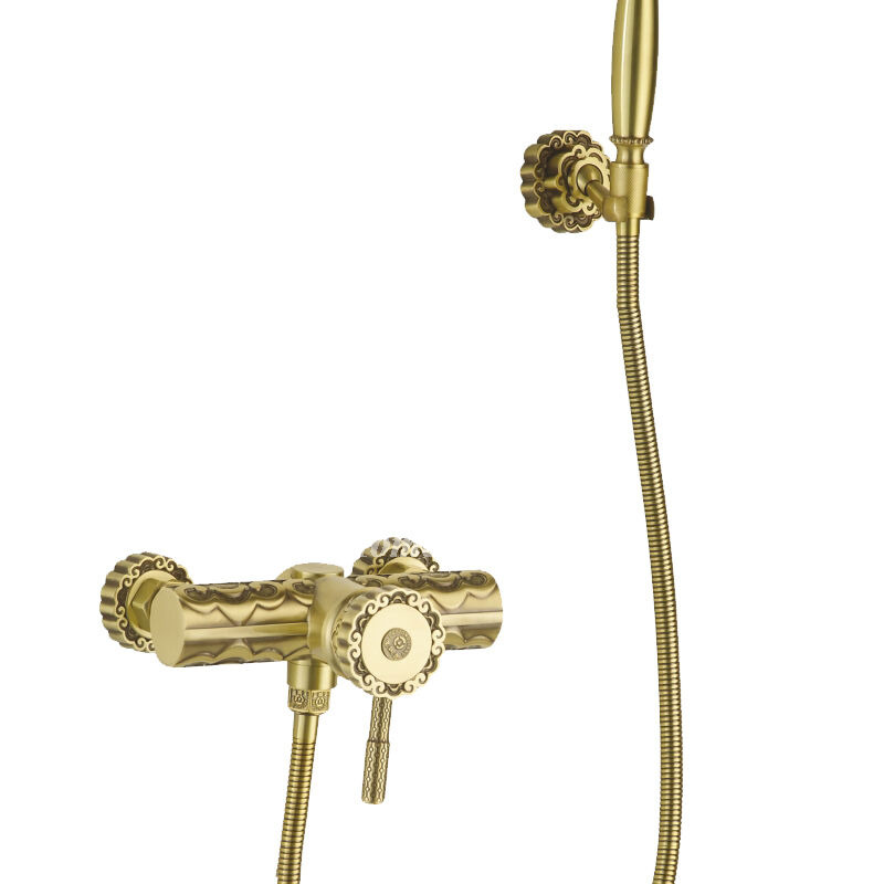 Gold Shower System Wall Mount Polished Brass Simple Carved Bathtub