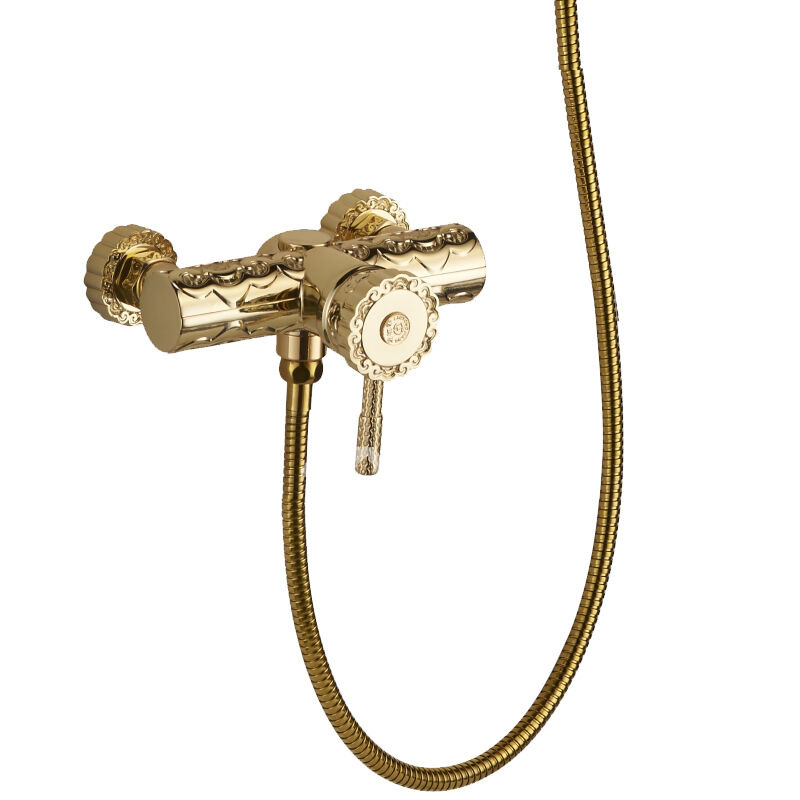 Gold Shower System Wall Mount Polished Brass Simple Carved Bathtub