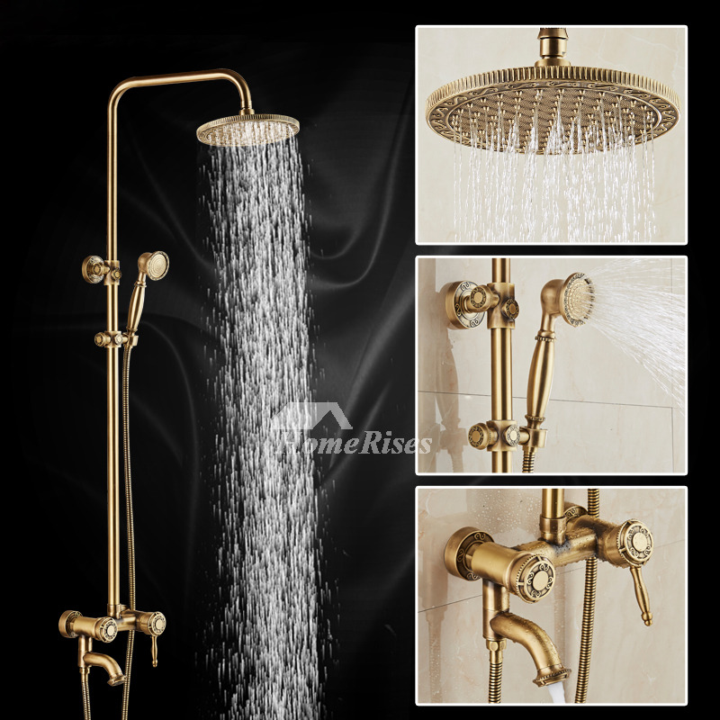 Gold Shower Faucet Antique Brass 3 Hole Carved Single Handle Bathroom