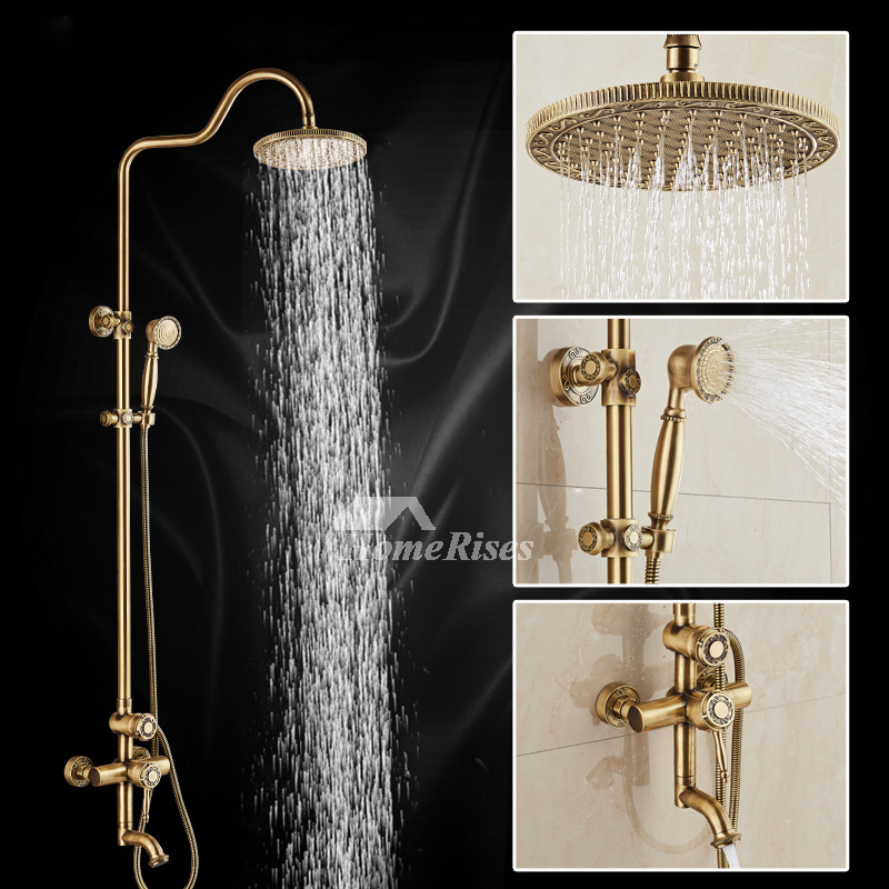Brass Shower Fixtures Antique Brass Gold Wall Mount Carved 3 Hole