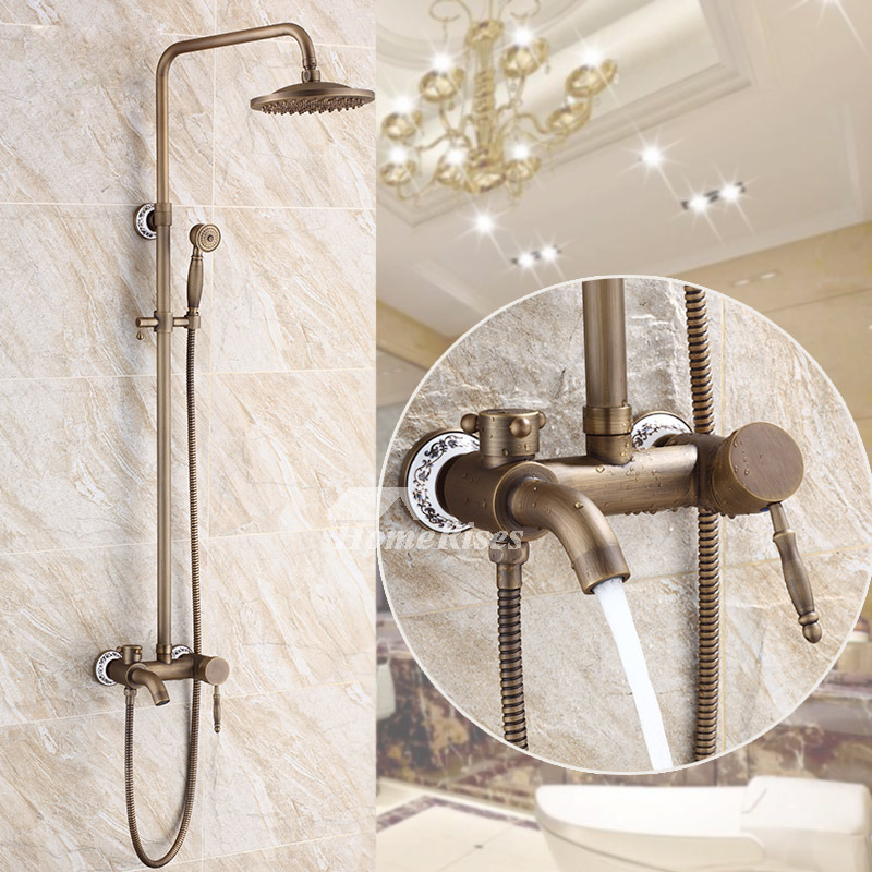 Antique Brass Exposed Wall Mount Shower System with 8 Rain Shower Head and Hand Shower