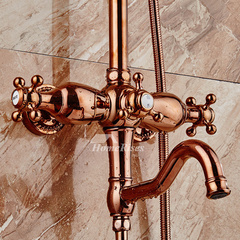Brass Shower Fixtures Rose Gold Wall Mount 2 Cross Handle Rain