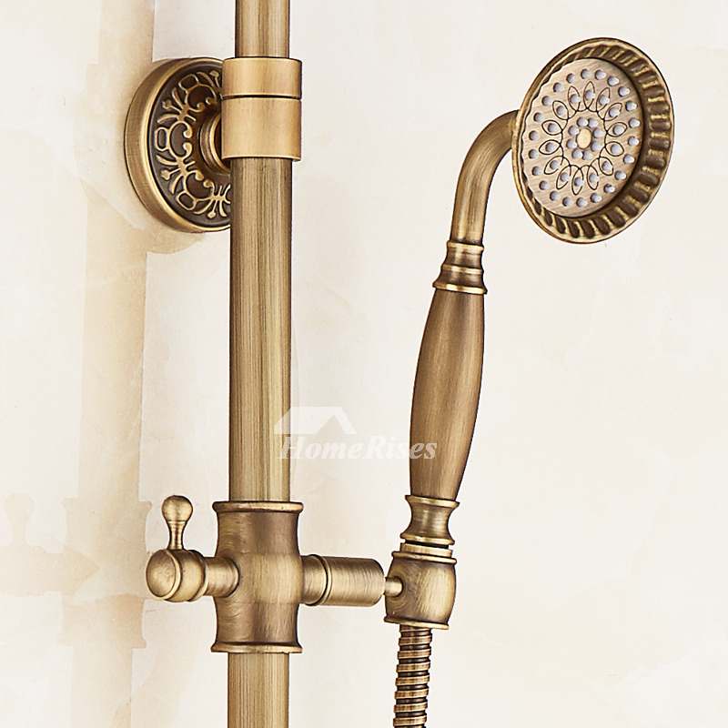 Hand Held Shower Systems 3 Handle Brushed Carved Antique Brass Gold