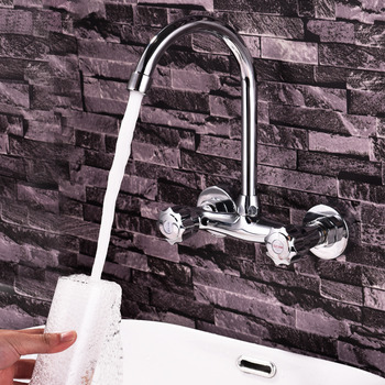 Modern Kitchen Faucets 2 Handle Wall Mount Silver Gooseneck Brass
