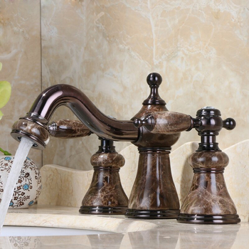 Luxury Brown Marble Bathroom Sink Faucet Two Tone 3 Hole Rose Gold/ Gold Brass Widespread Bathroom Faucet