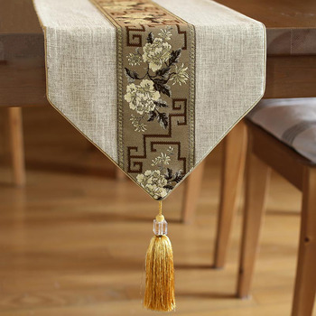 Modern Burlap Table Runner Coffee/Cream/Brown/Blue Jacquard Linen