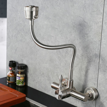 Chrome Kitchen Faucet Brushed Stainless Steel Wall Mount Silver
