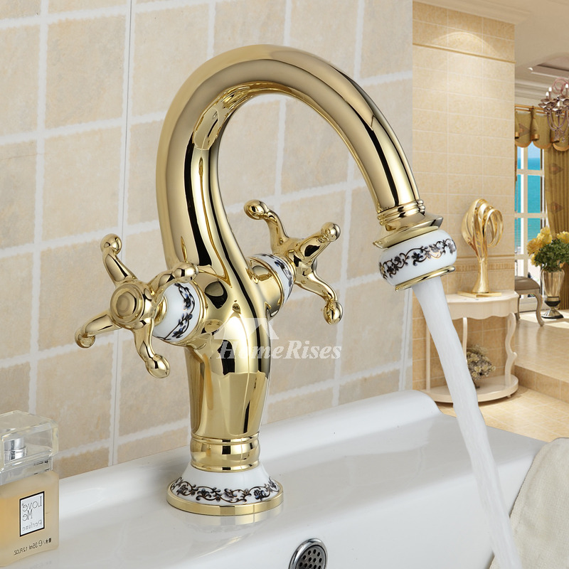 Gold Bathroom Faucet Two Crosss Handle Polished Brass Centerset