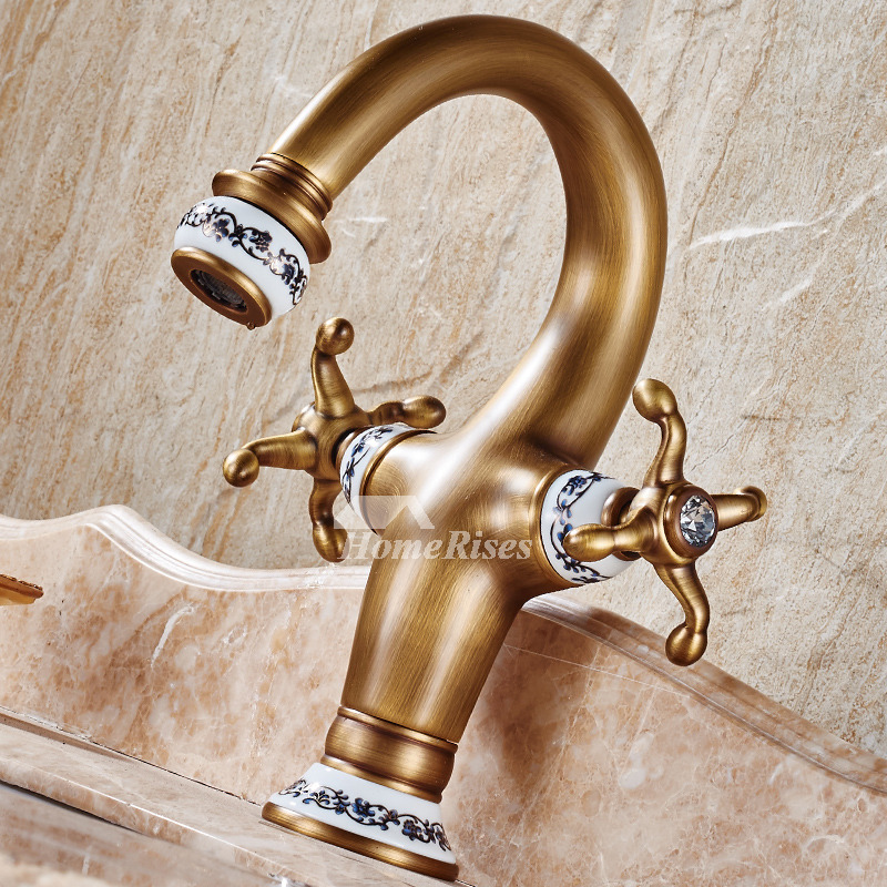 Antique Bathroom Faucets Two Cross Handle Centerset Gooseneck Gold