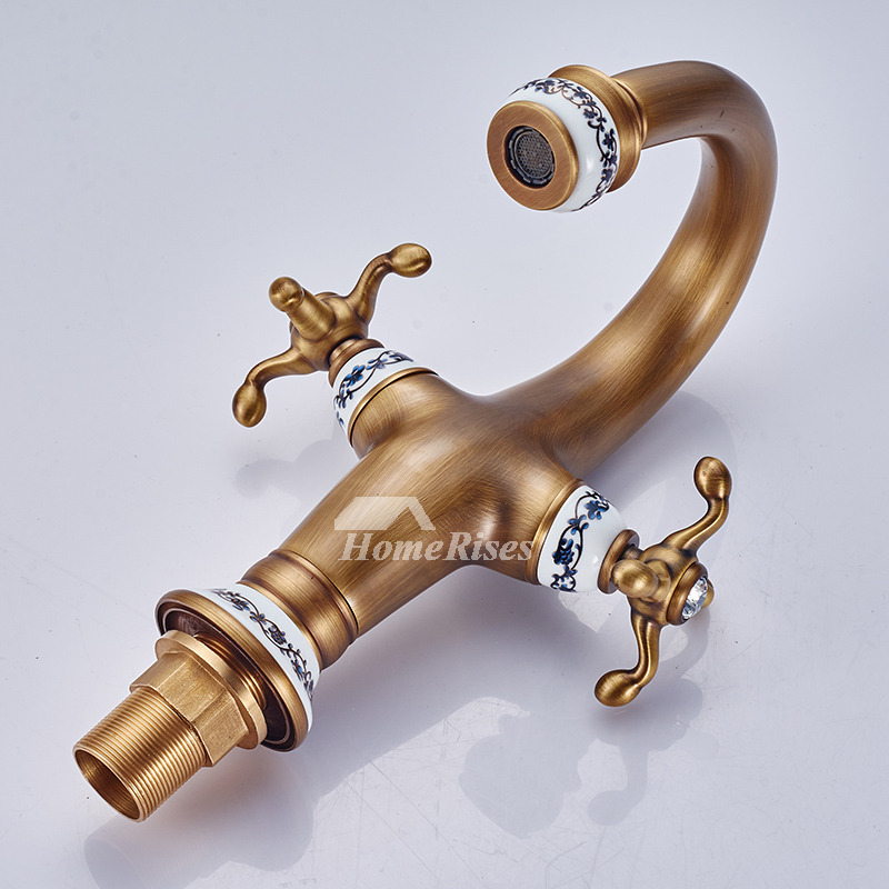 Antique Bathroom Faucets Two Cross Handle Centerset Gooseneck Gold
