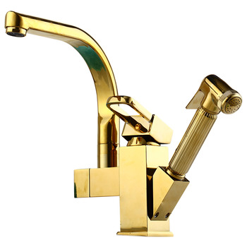 Luxury Kitchen Faucets Pull Out Spray Polished Brass Centerset Gold