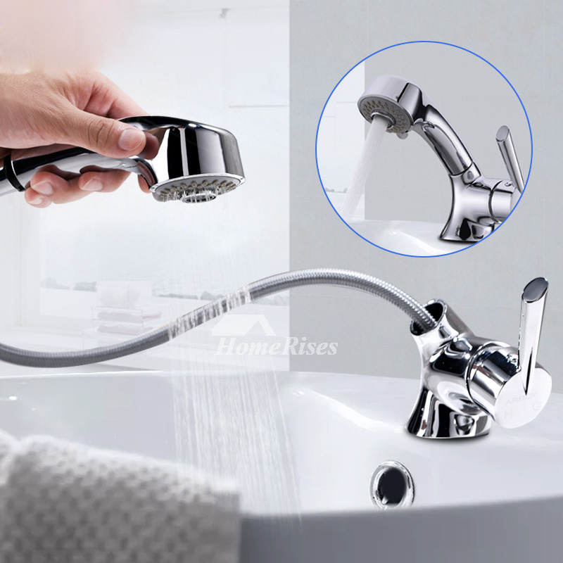 Chrome Bathroom Faucet Pull Out Spray Single Handle Silver Vessel