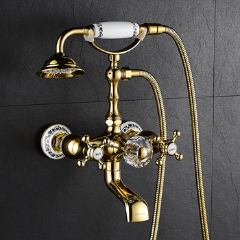 Wall Mount Tub Faucet Clawfoot Shower Polished Brass Gold Cross Handle