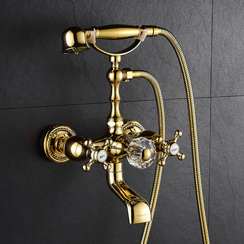 Tub Shower Faucet Clawfoot Wall Mount Gold Polished Brass Cross Handle